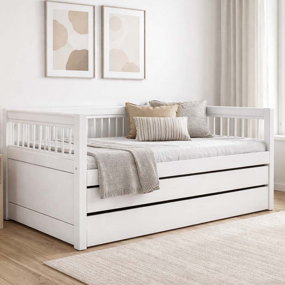 Sofabett Tagesbett 90x200cm, Massivholz, Gästebett- und Stauraumschublade, weiss