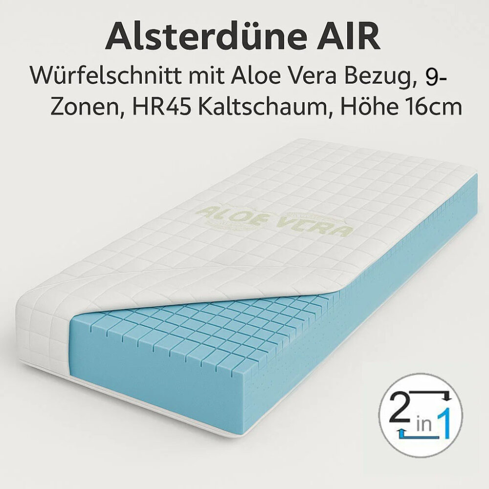 Matratze ALSTERDÜNE® AIR, Höhe 17cm, 9-Zonen, Raumgewicht HR45, Bezug Aloe Vera