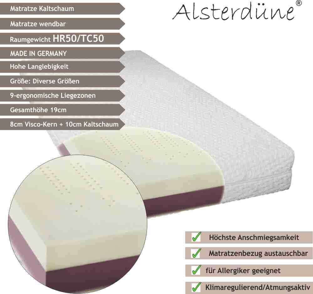 Viscoelastische Matratze ALSTERDÜNE® KLIMA PLUS, Höhe 19cm, 9-Zonen, div. Größen, RG50/TC50, Bezug ALOE VERA