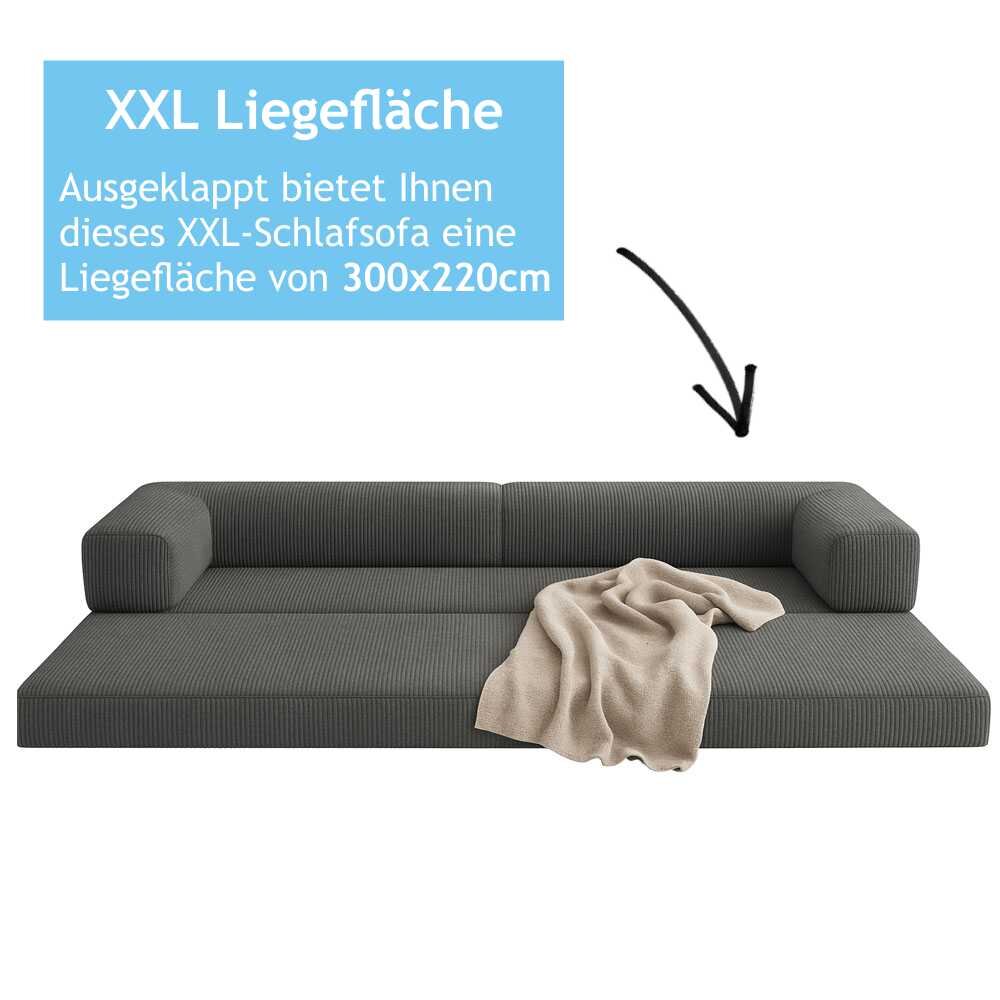 XXL Sofa mit Schlaffunktion, Cordstoff, 300x110/120cm, viele Farben