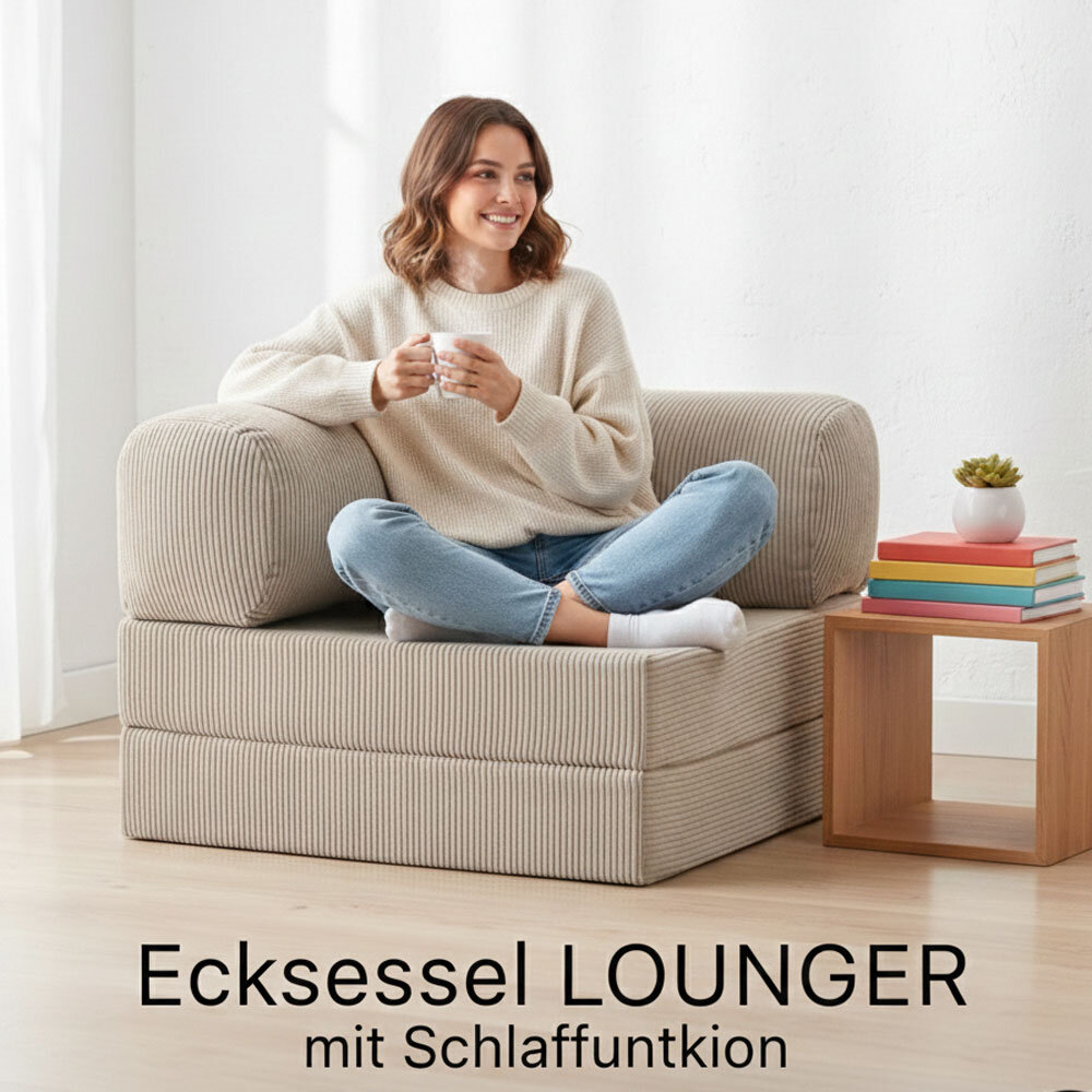 Modularer Ecksessel LOUNGER li/re, mit Schlaffunktion, 100x100cm, Cordstoff