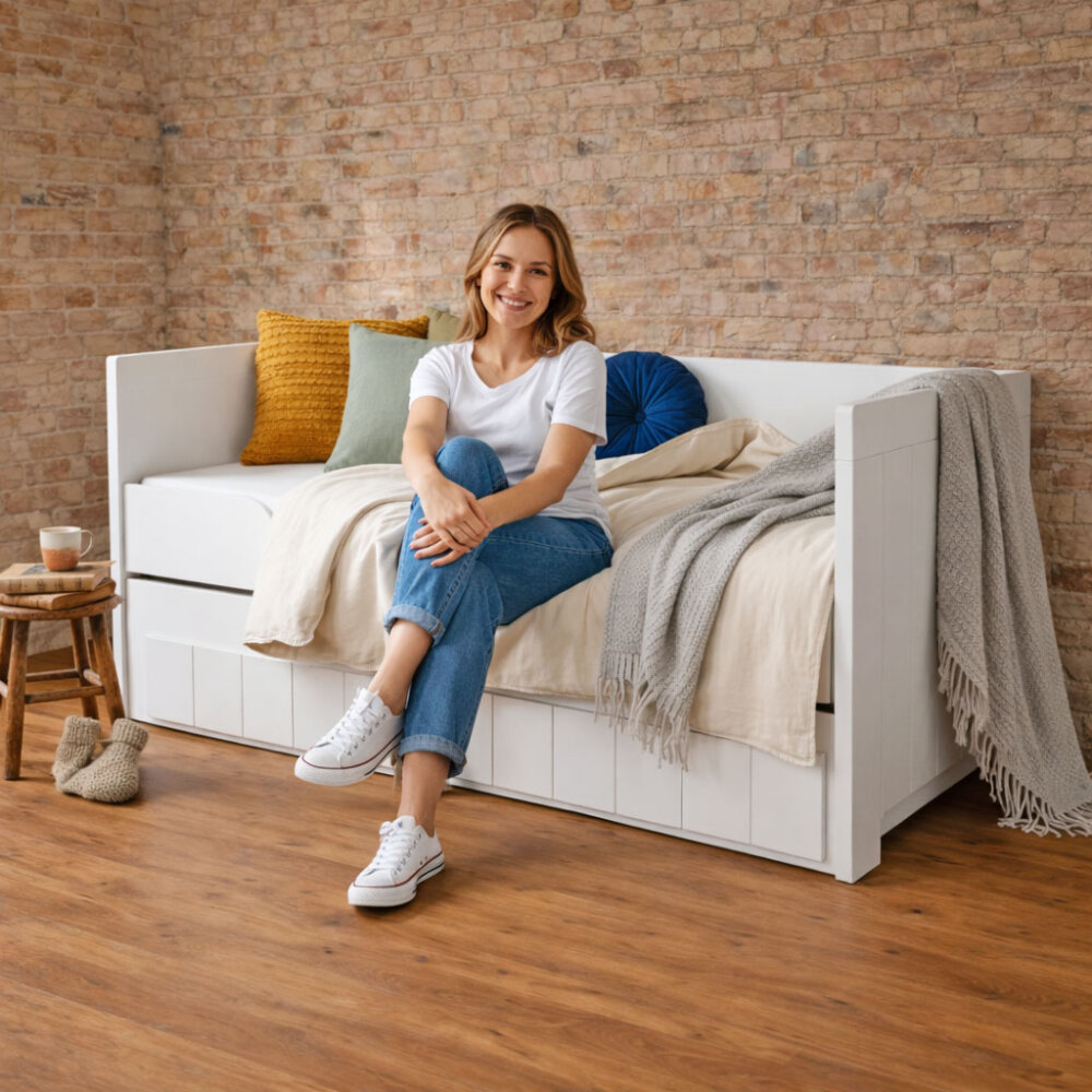 Sofabett Tagesbett CLASSIC 90x200cm, mit Gästebett und Stauraum, weiss oder mittelgrau