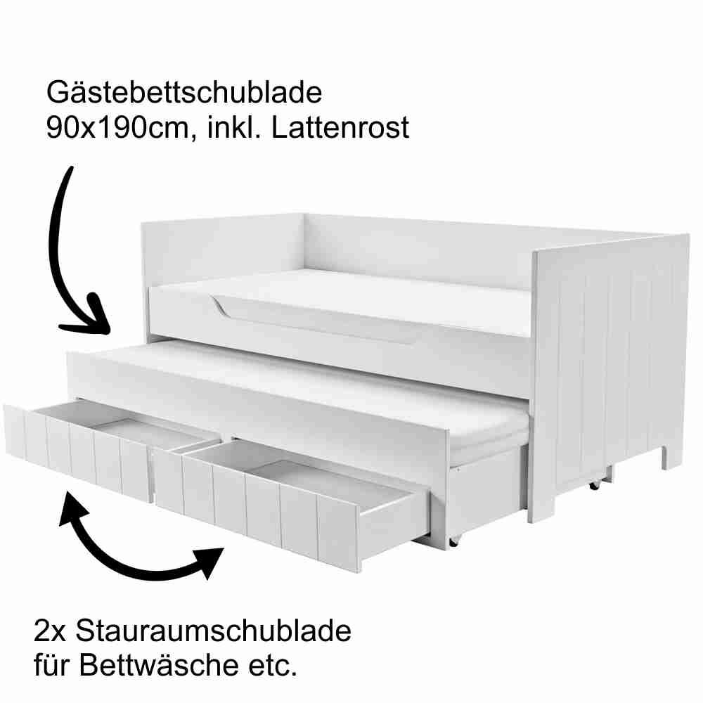 Sofabett Tagesbett CLASSIC 90x200cm, mit Gästebett und Stauraum, weiss oder mittelgrau