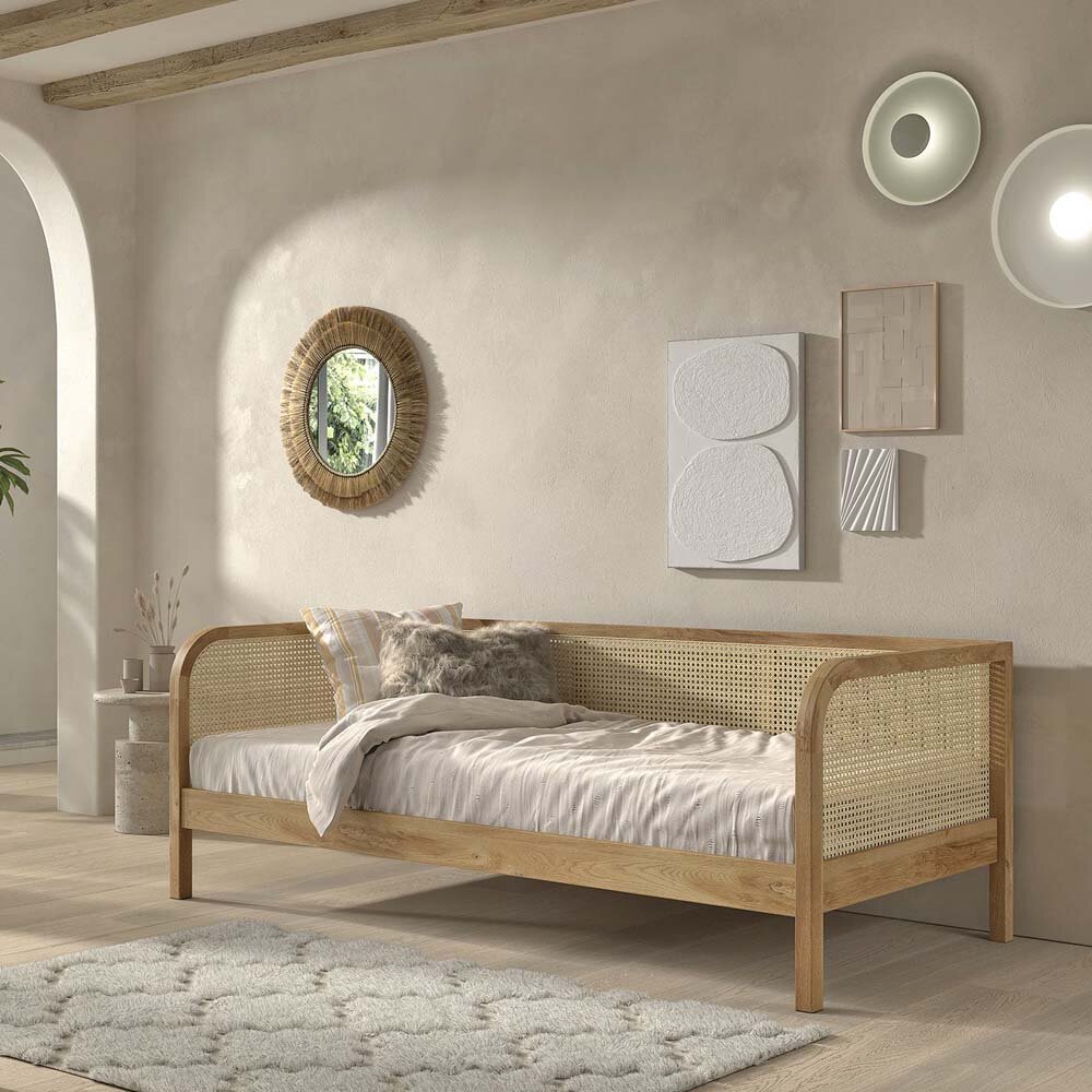 Rattan Sofabett 90x200cm, Eiche/Rattan